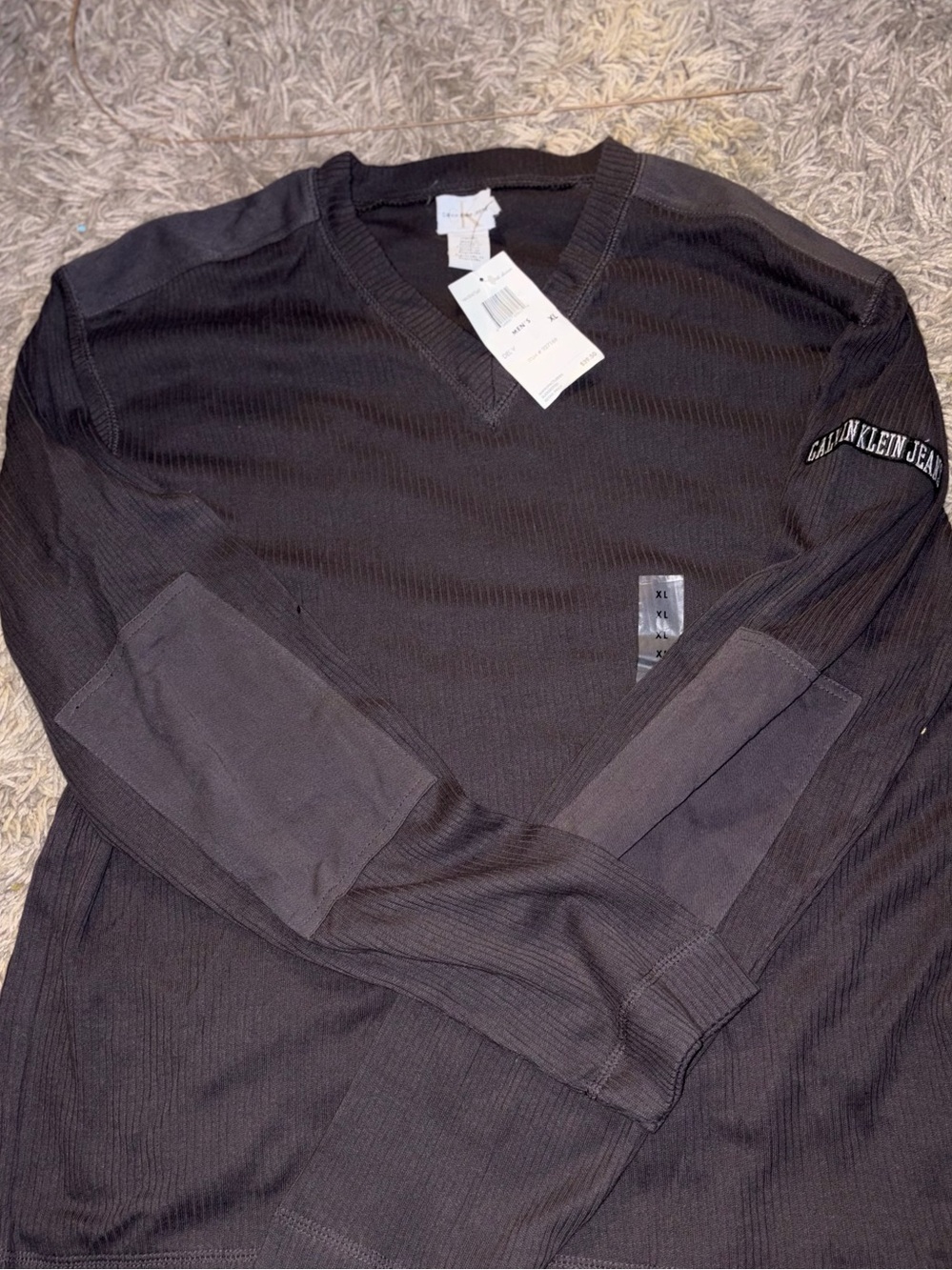 Calvin Klein Black Long-Sleeve V-Neck Pullover with Elbow Patches